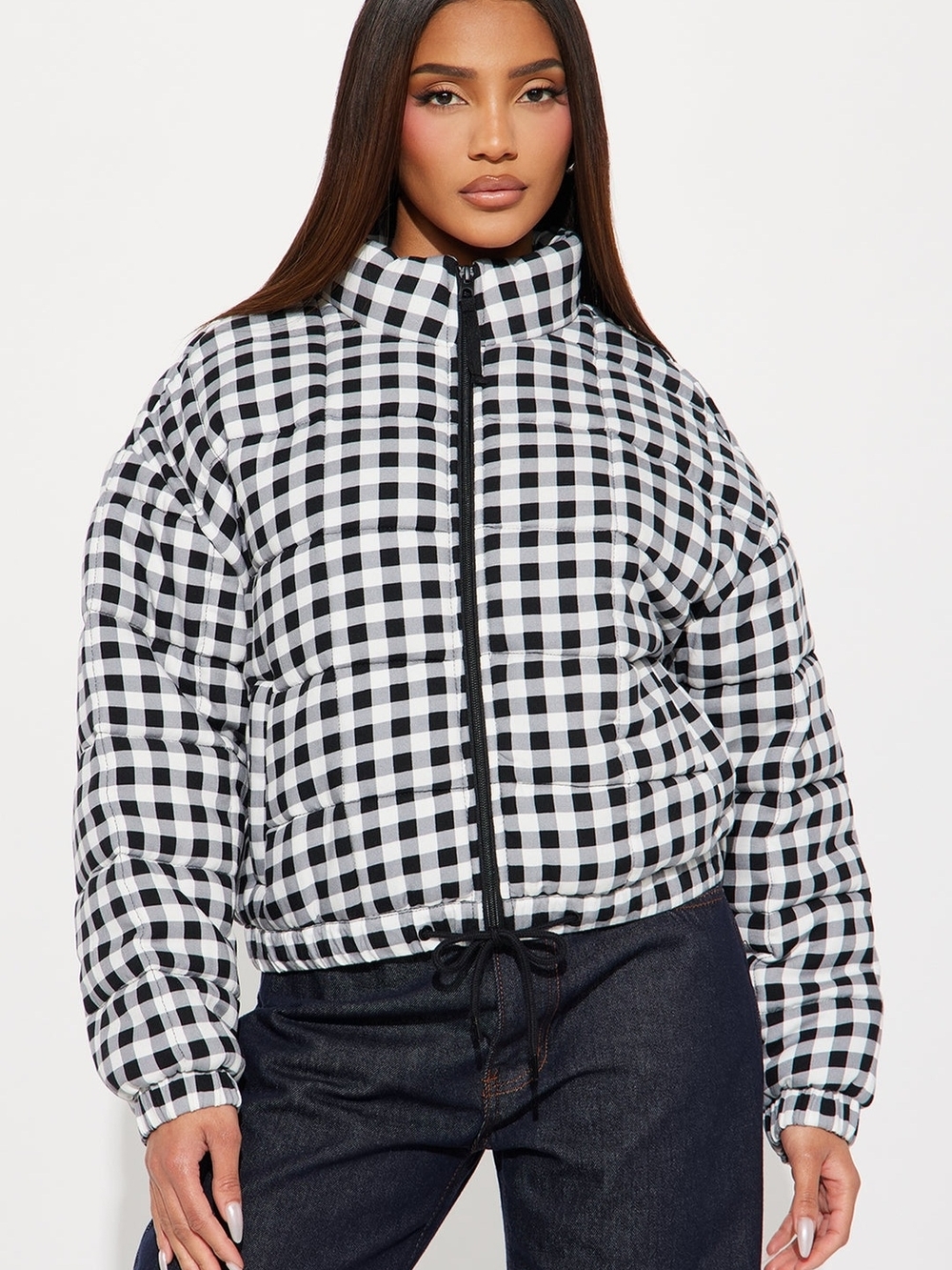 New Check Plaid Cropped Puffer Jacket - Black & White
